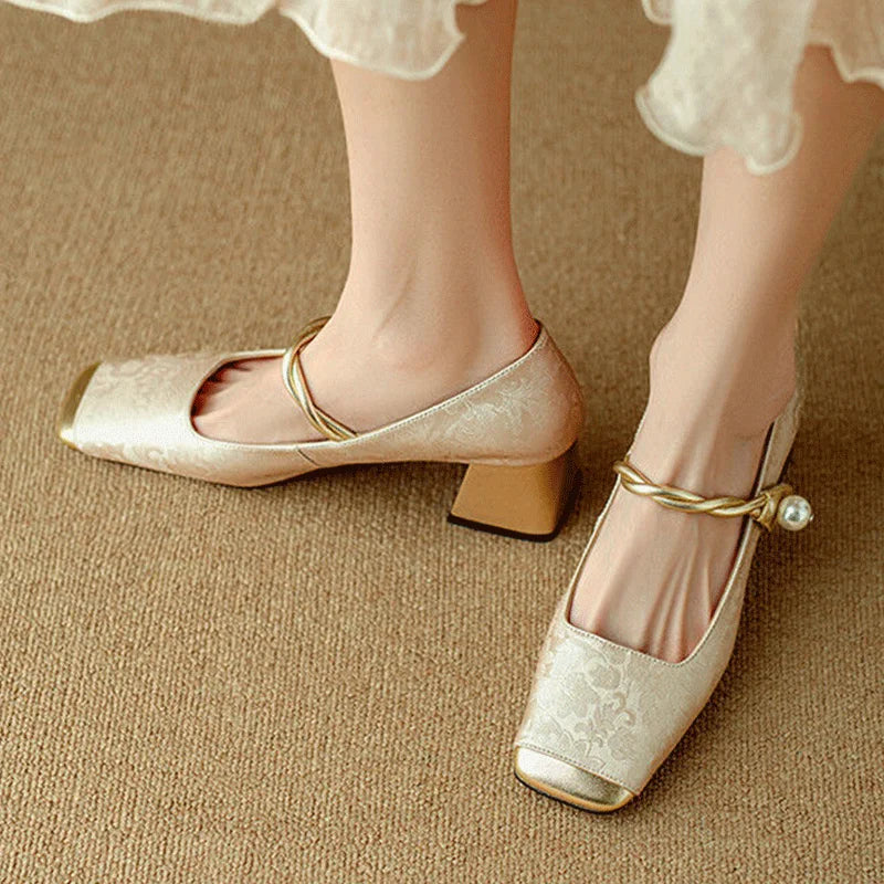 Floral Embossed Square Toe Heels