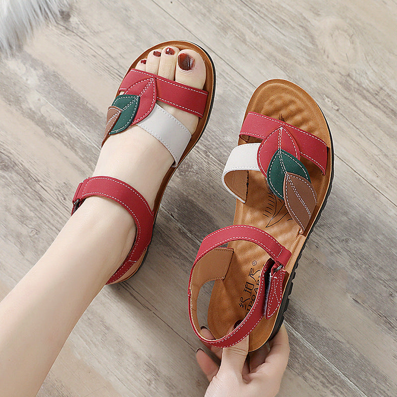 Women's Sandals Summer Flat Soft Bottom Non-Slip Red Comfortable Soft Leather Shoes