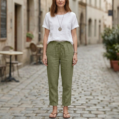 Relaxed Fit Linen Trousers Elastic Waist Casual Pants