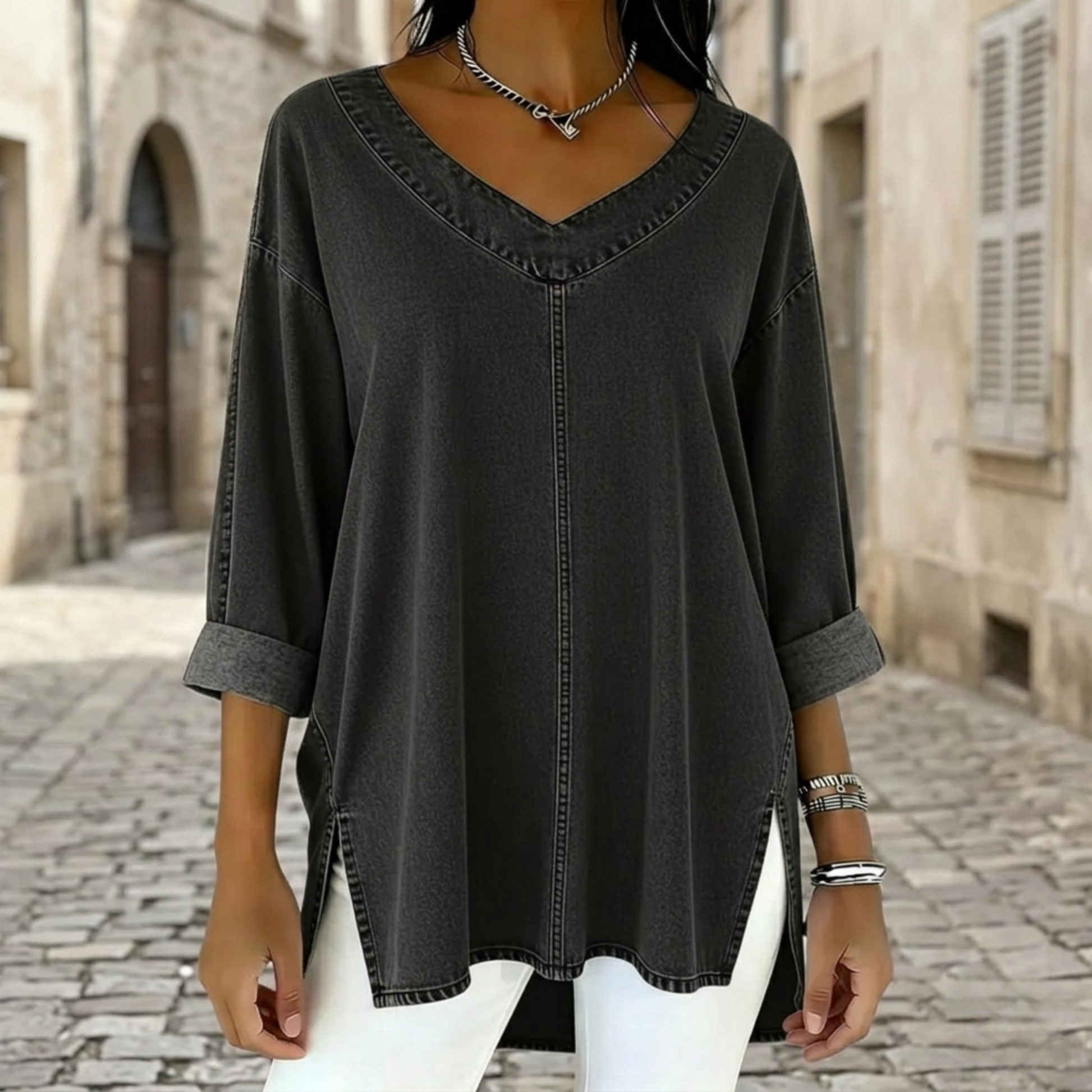 Relaxed Fit V Neck Tunic Blouse for Women - OutfitLondon