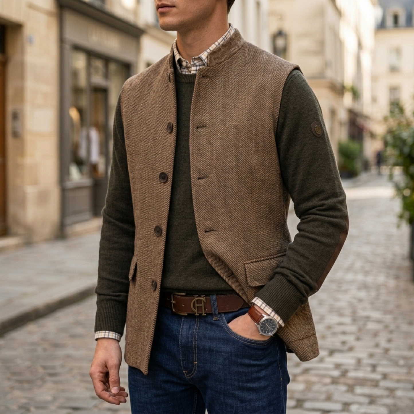 Classic Tweed Vest Button Front Sleeveless Jacket - OutfitLondon