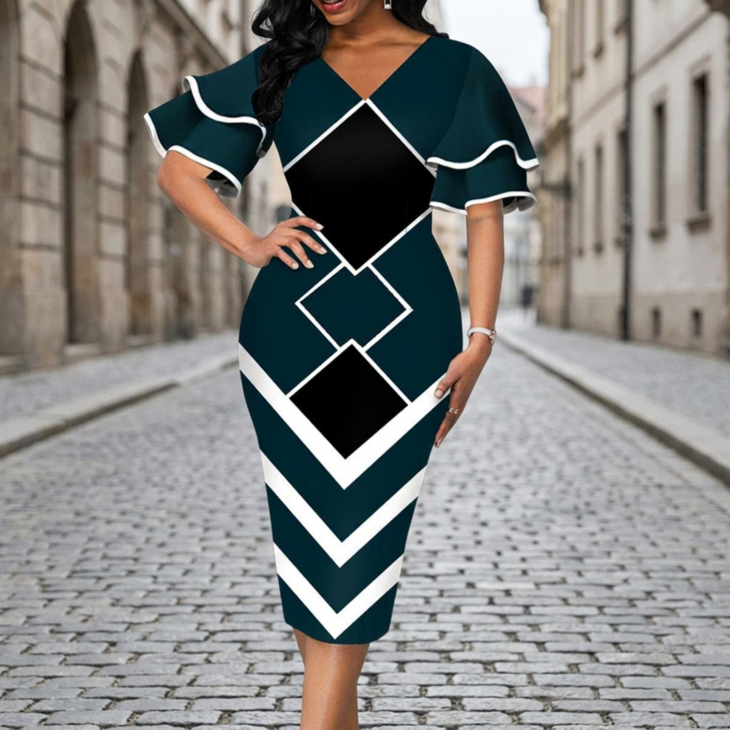 Chic V Neck Ruffle Sleeve Midi Dress for Women