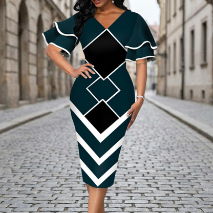 Chic V Neck Ruffle Sleeve Midi Dress for Women