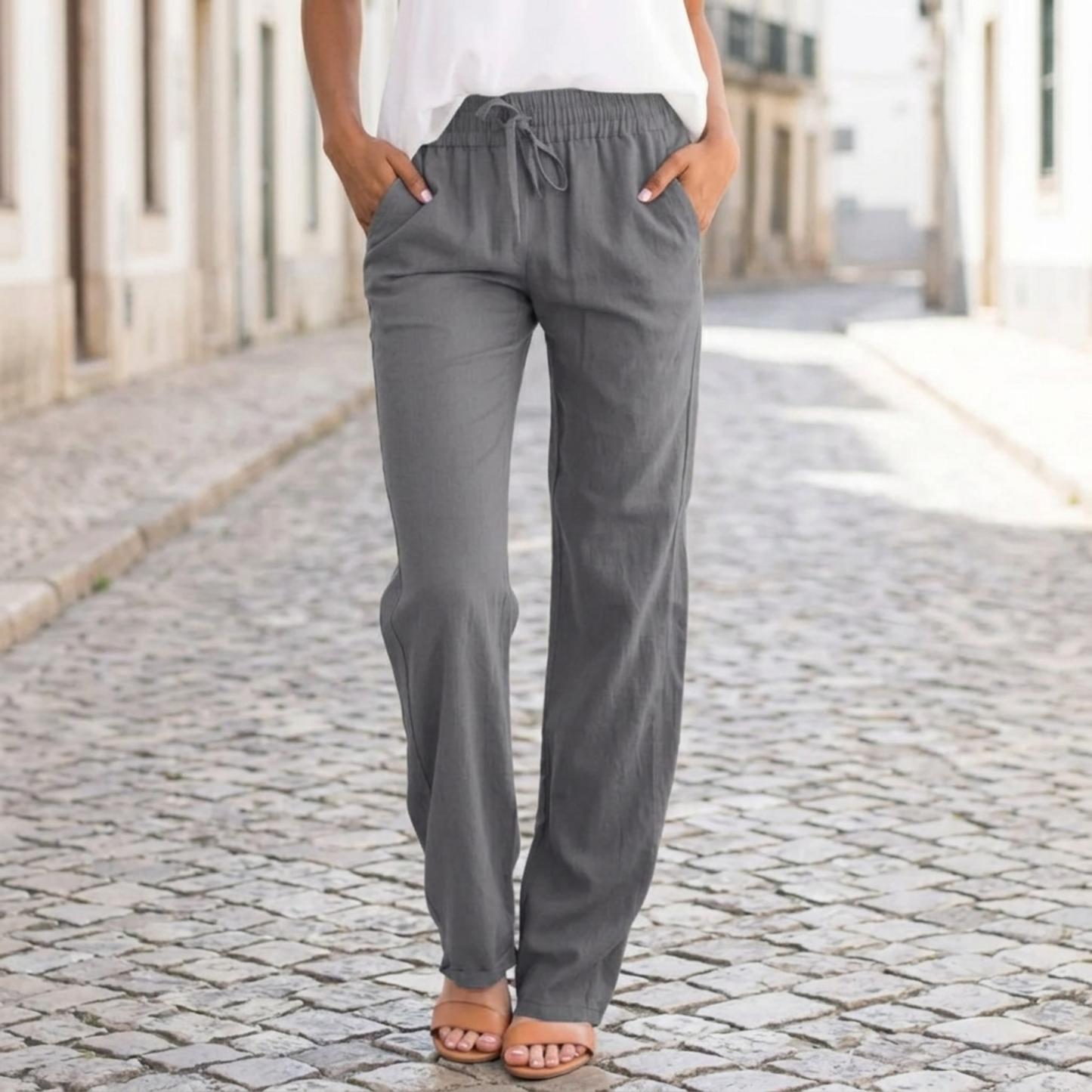 Comfortable Linen Pants Elastic Waist Straight Leg Pants