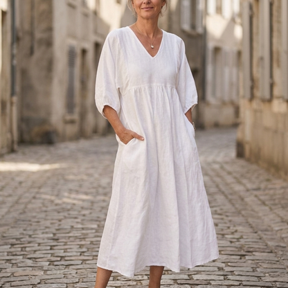Comfy V Neck Maxi Dress with Pockets Casual Midi Dress - OutfitLondon