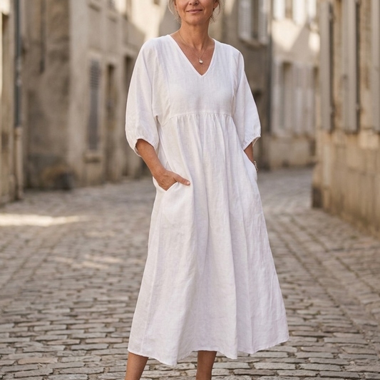 Comfy V Neck Maxi Dress with Pockets Casual Midi Dress - OutfitLondon