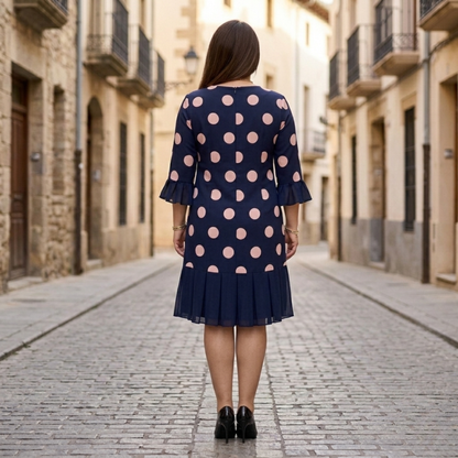 Fashionable Spotted Knee Length Dress with Ruffles