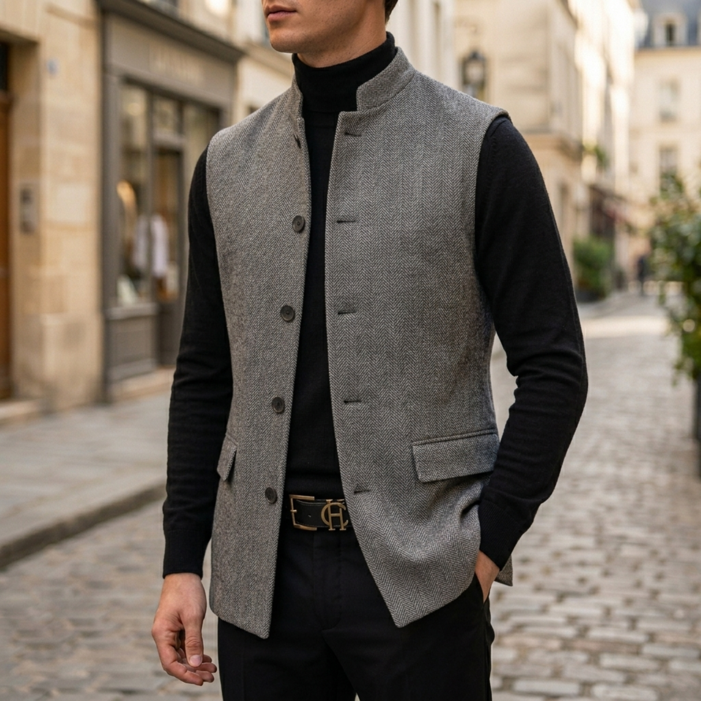 Classic Tweed Vest Button Front Sleeveless Jacket