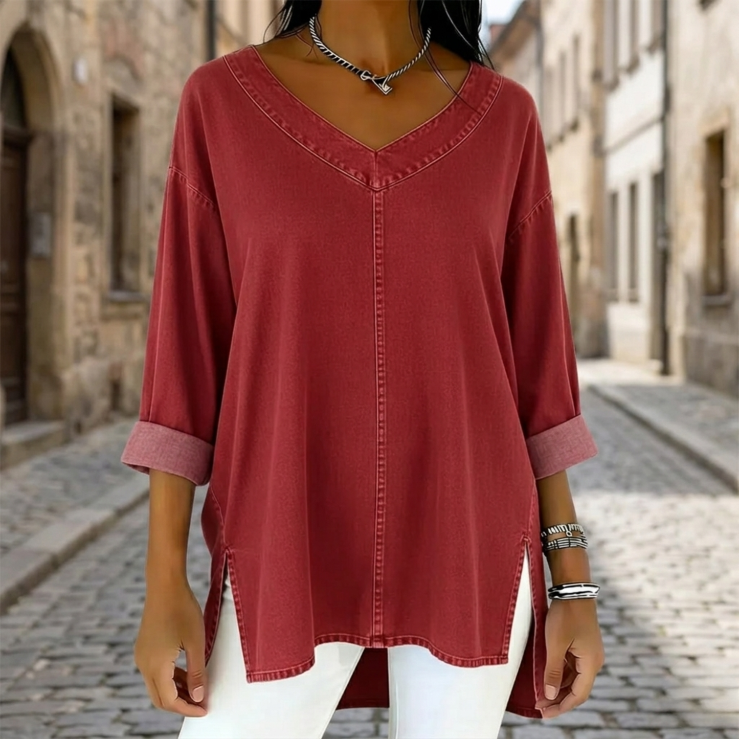 Relaxed Fit V Neck Tunic Blouse for Women