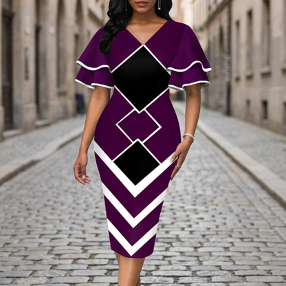 Chic V Neck Ruffle Sleeve Midi Dress for Women - OutfitLondon