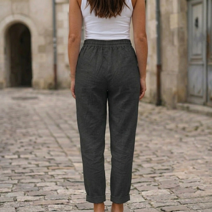 Relaxed Fit Linen Trousers Elastic Waist Casual Pants