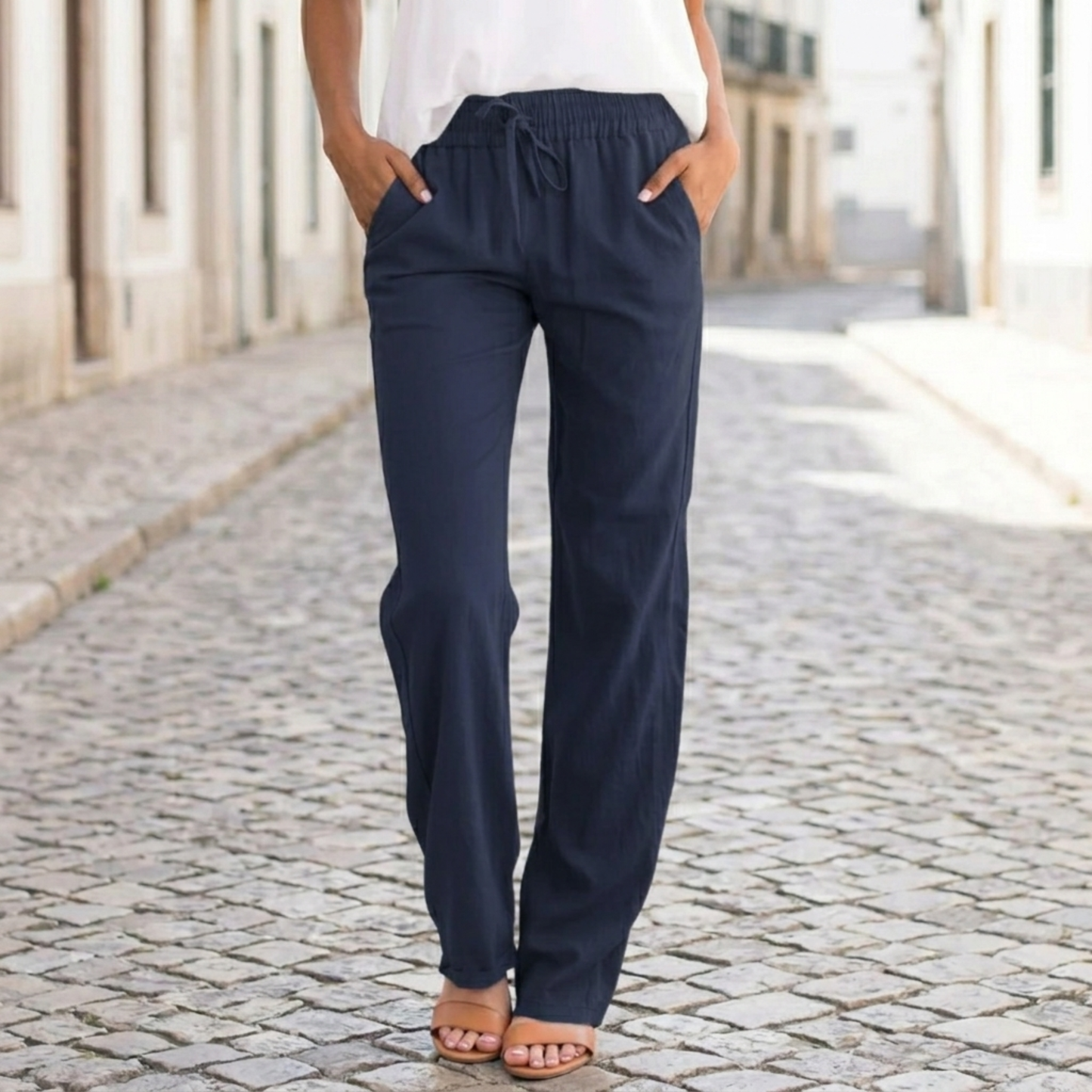 Comfortable Linen Pants Elastic Waist Straight Leg Pants