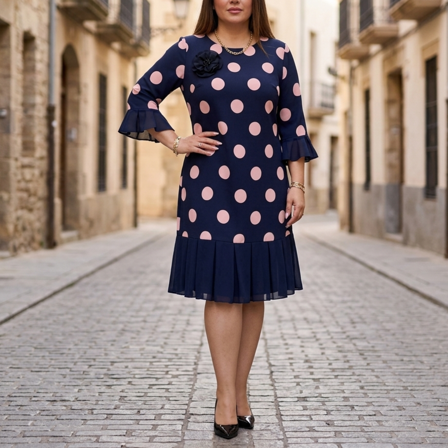 Fashionable Spotted Knee Length Dress with Ruffles - OutfitLondon