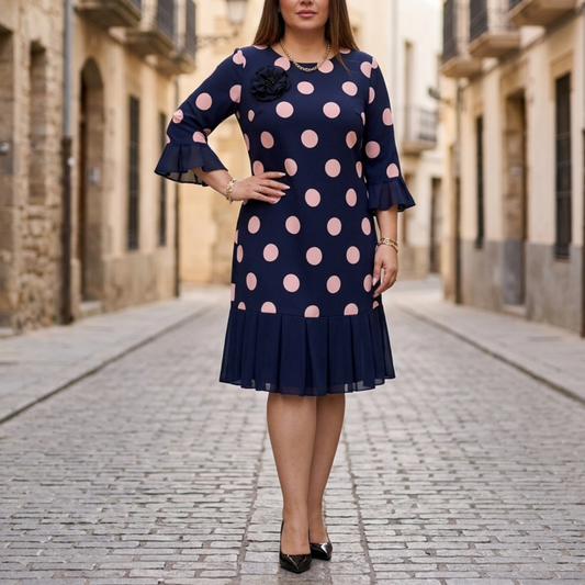Fashionable Spotted Knee Length Dress with Ruffles - OutfitLondon