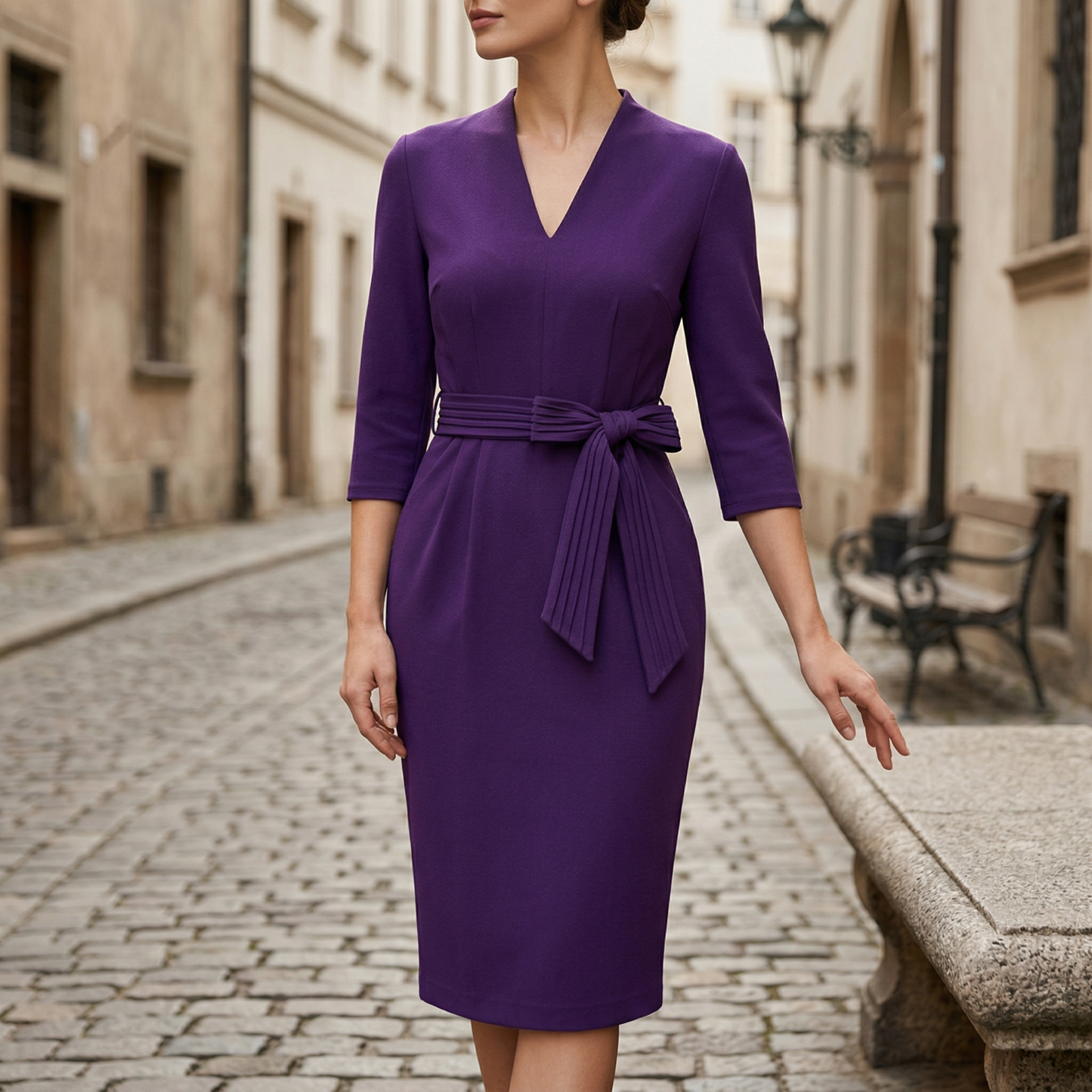 Elegant V Neck Waist Belt Dress for Women