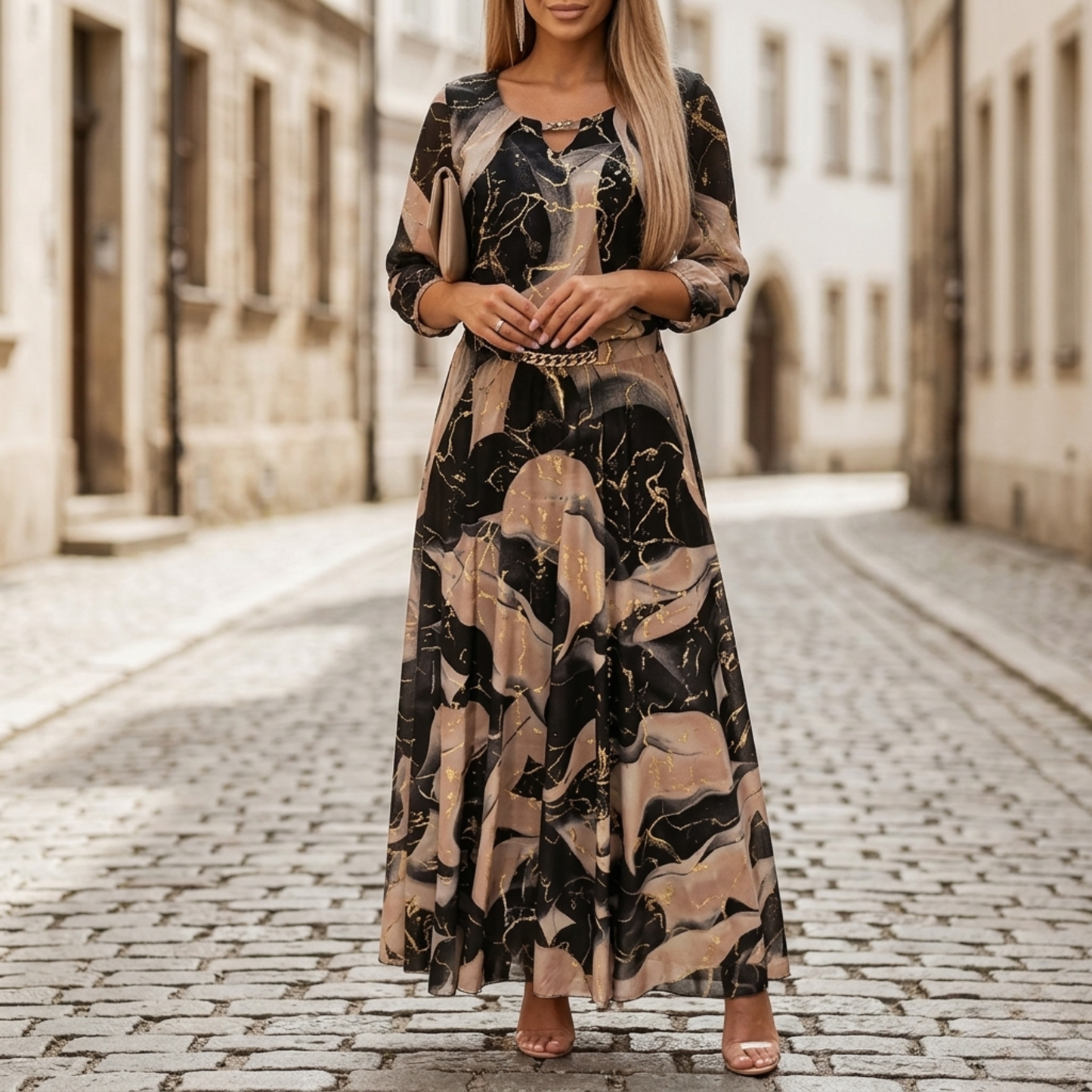 Comfy Floral Maxi Dress for Women Long Sleeve V Neck - OutfitLondon