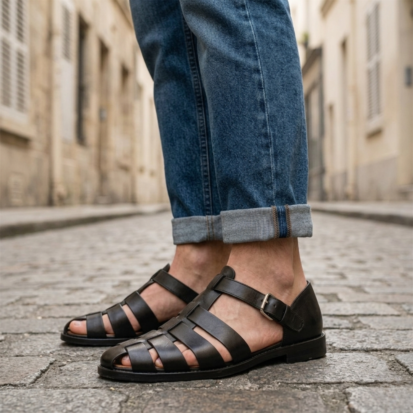 Classic Brown Leather Buckle Sandals For Men - OutfitLondon