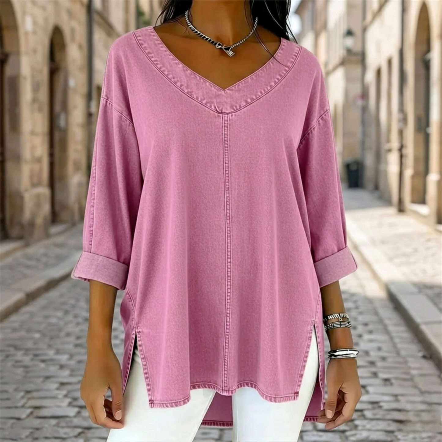 Relaxed Fit V Neck Tunic Blouse for Women