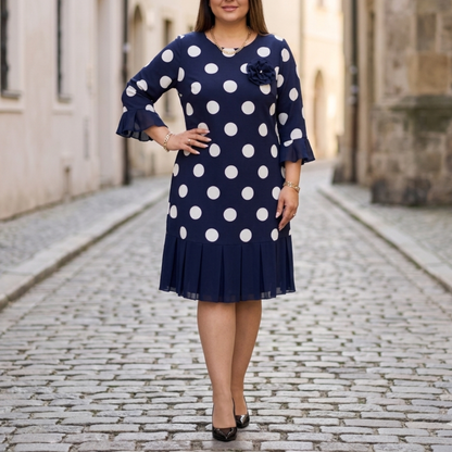 Fashionable Spotted Knee Length Dress with Ruffles