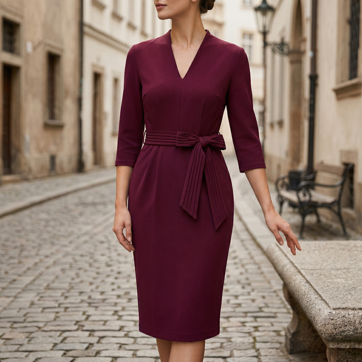 Elegant V Neck Waist Belt Dress for Women