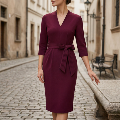 Elegant V Neck Waist Belt Dress for Women