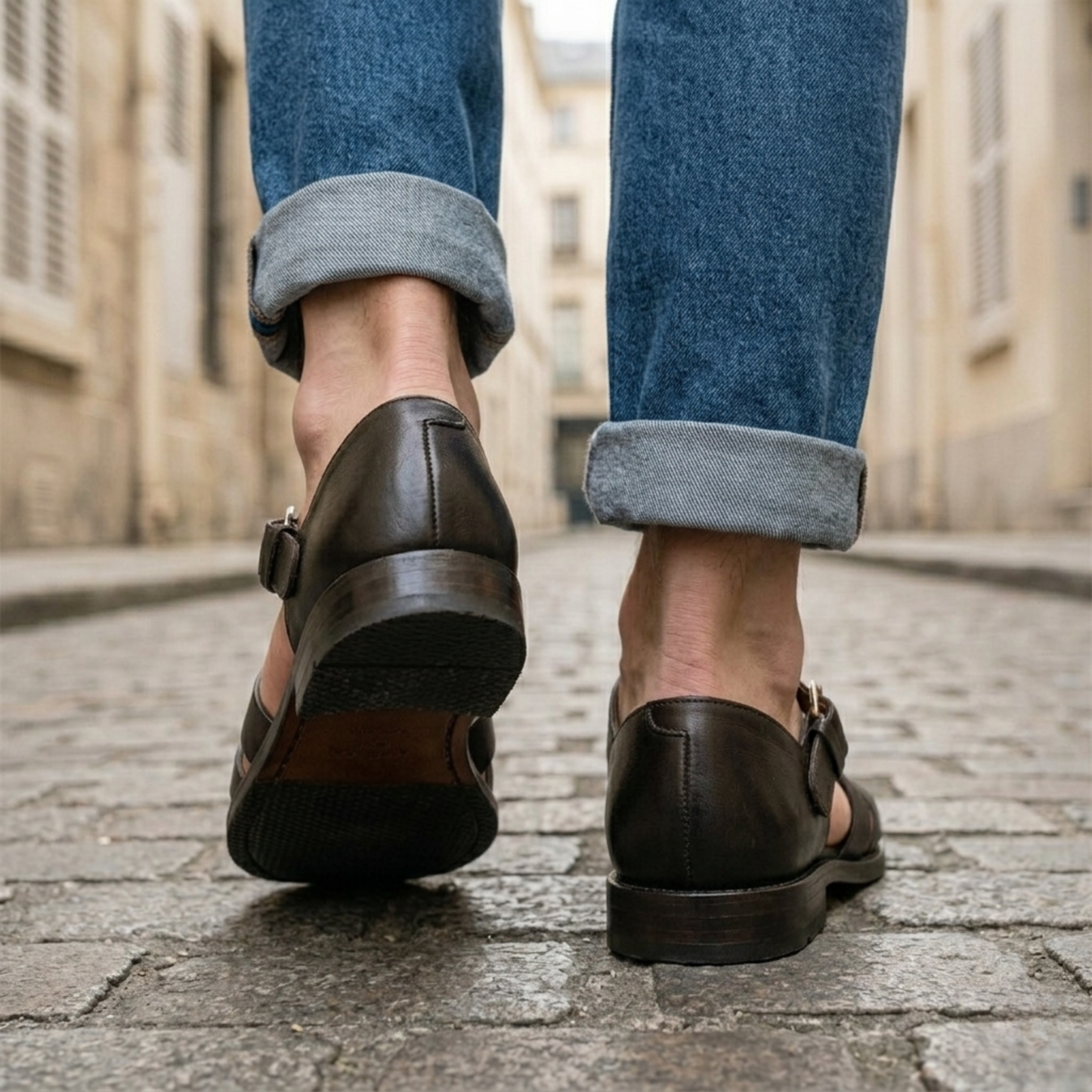 Classic Brown Leather Buckle Sandals For Men