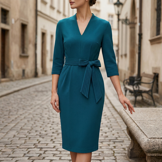 Elegant V Neck Waist Belt Dress for Women - OutfitLondon