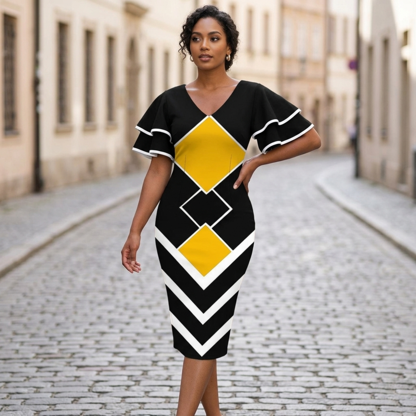 Chic V Neck Ruffle Sleeve Midi Dress for Women