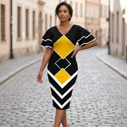 Chic V Neck Ruffle Sleeve Midi Dress for Women