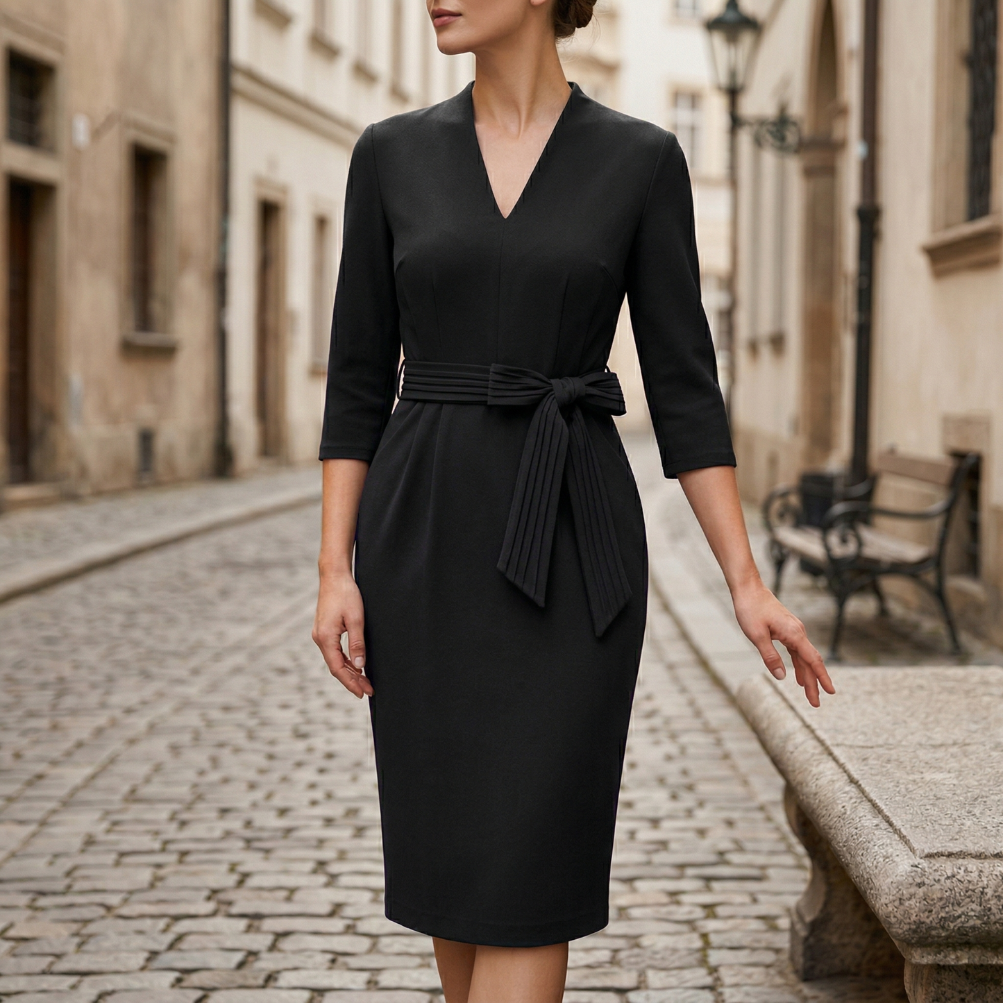 Elegant V Neck Waist Belt Dress for Women
