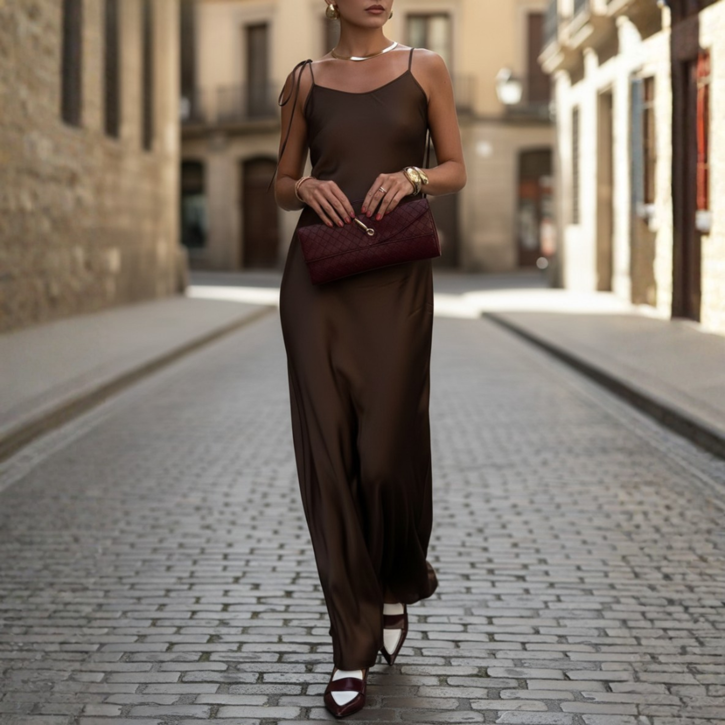Luxurious Satin Maxi Evening Dress Spaghetti Straps - OutfitLondon