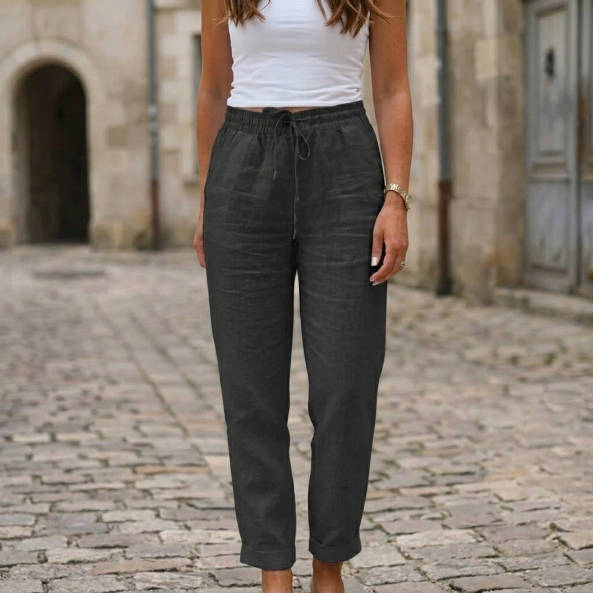 Relaxed Fit Linen Trousers Elastic Waist Casual Pants - OutfitLondon