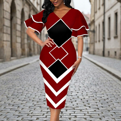 Chic V Neck Ruffle Sleeve Midi Dress for Women