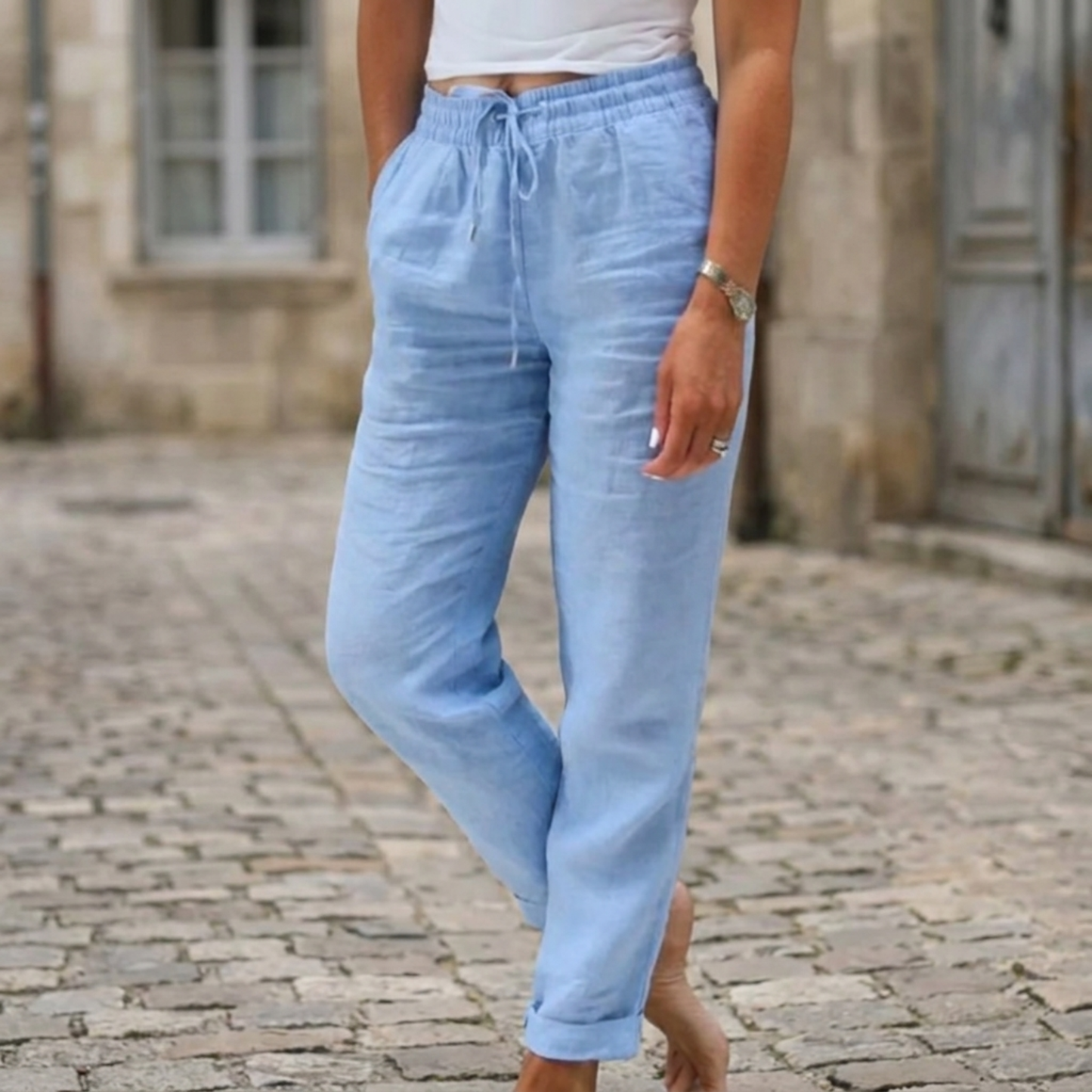 Relaxed Fit Linen Trousers Elastic Waist Casual Pants