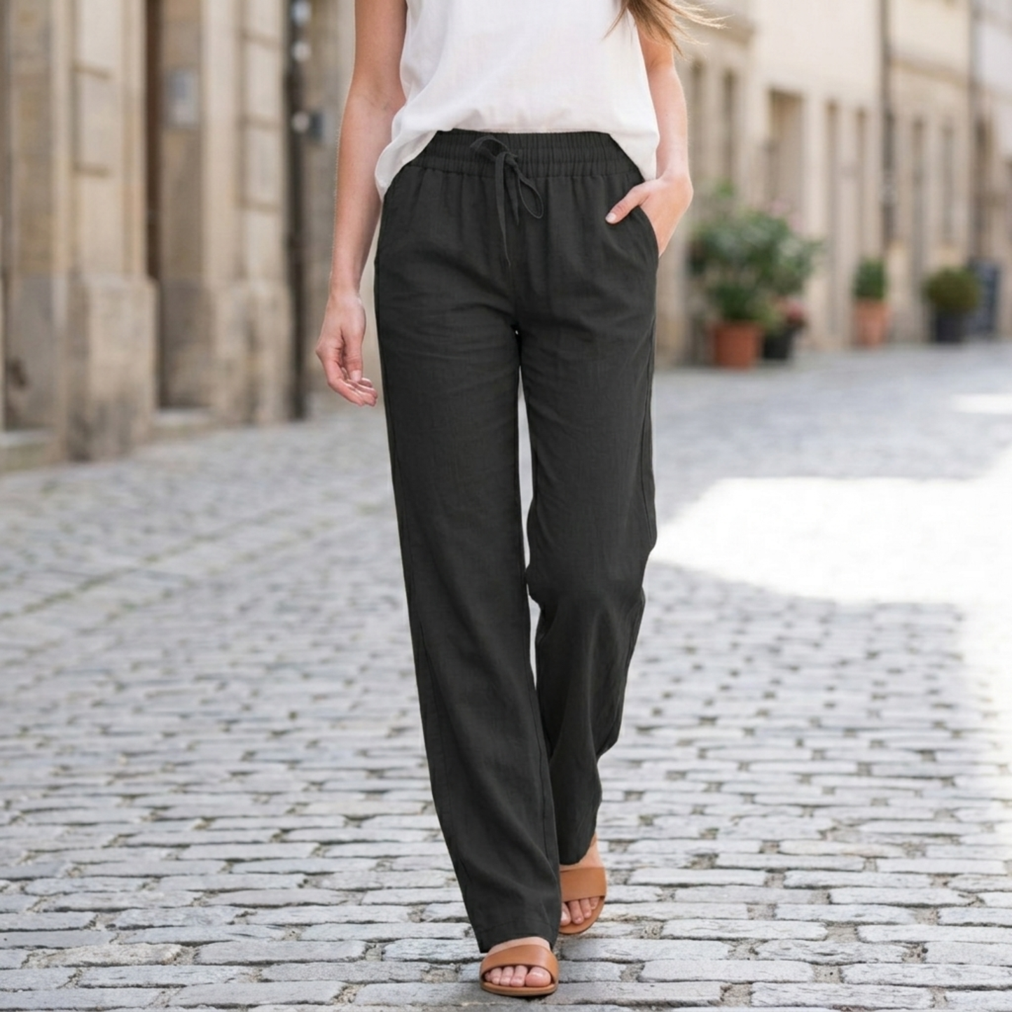 Comfortable Linen Pants Elastic Waist Straight Leg Pants