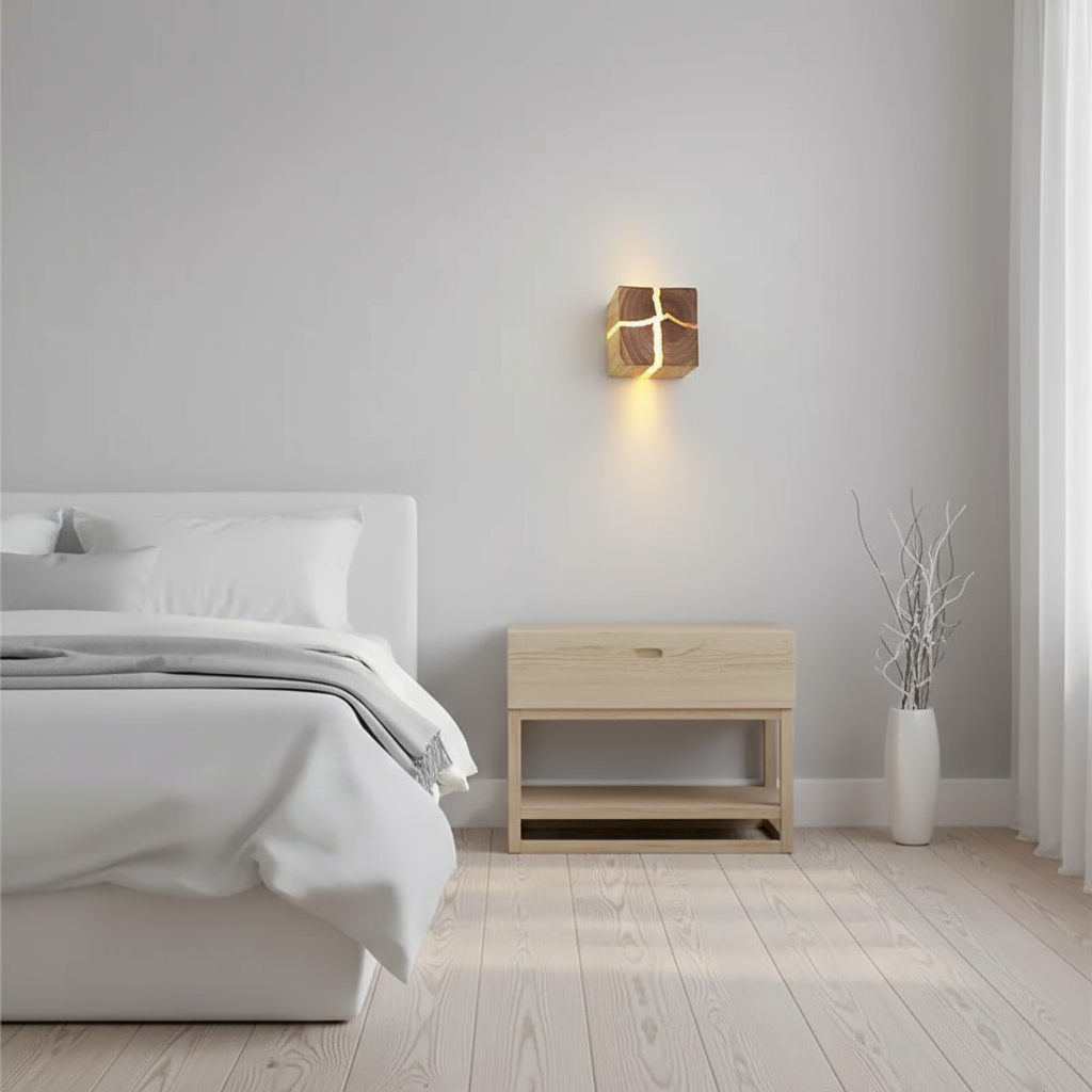 Natural Wooden Square Wall Lamp