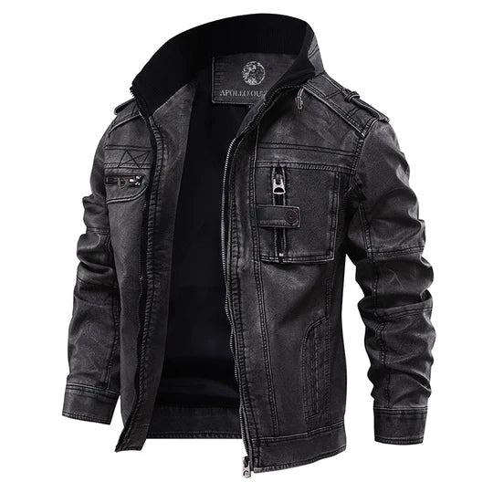 Vintage Motorcycle Leather Jacket with Zip Pockets - OutfitLondon