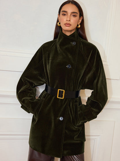 Luxury Ladies Long Velour Coat with Pockets - OutfitLondon
