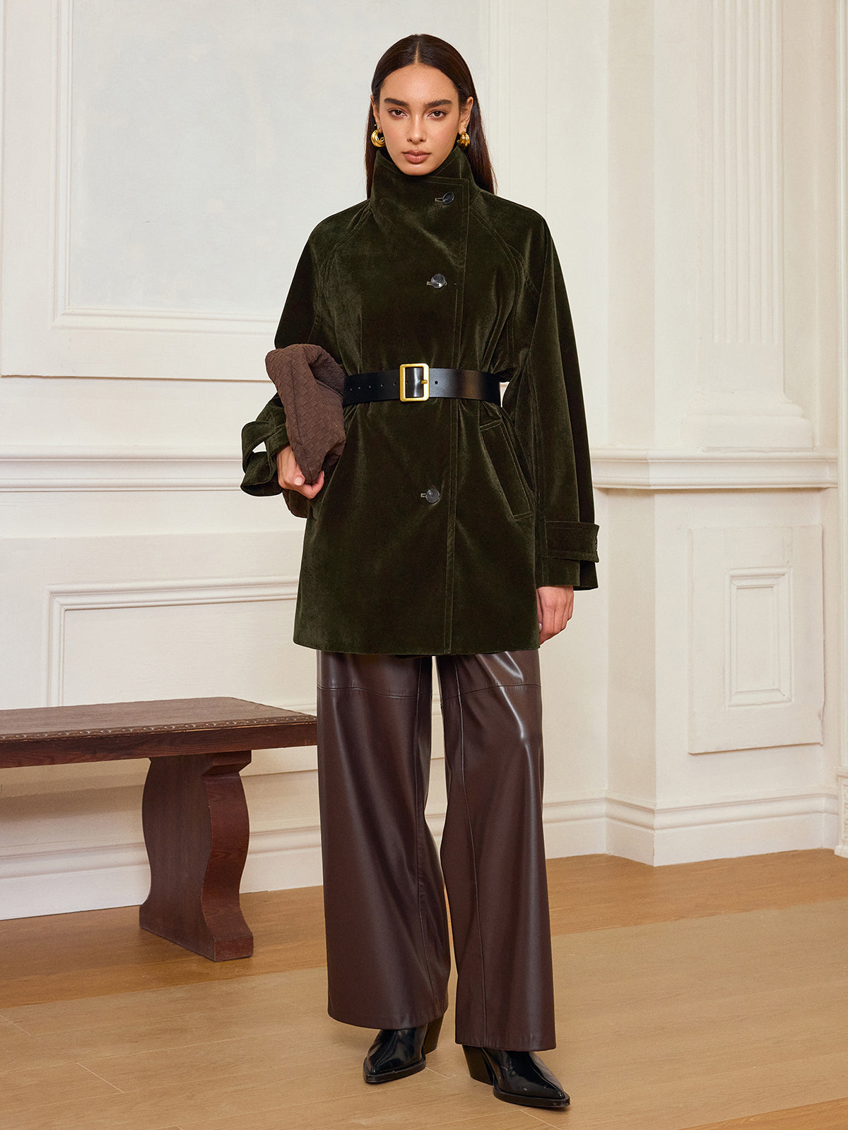 Luxury Ladies Long Velour Coat with Pockets