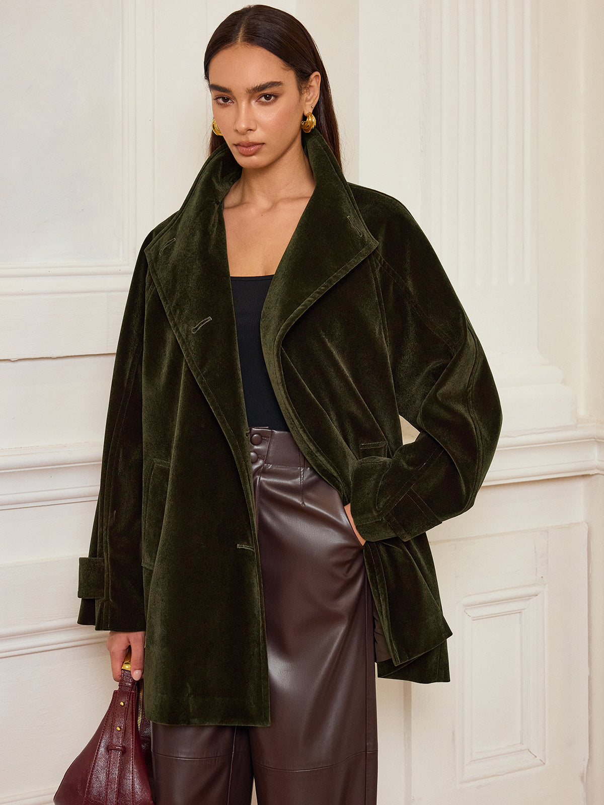 Luxury Ladies Long Velour Coat with Pockets