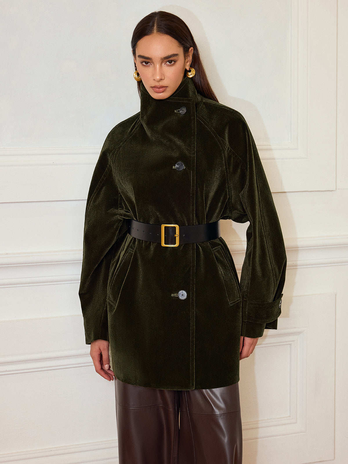 Luxury Ladies Long Velour Coat with Pockets
