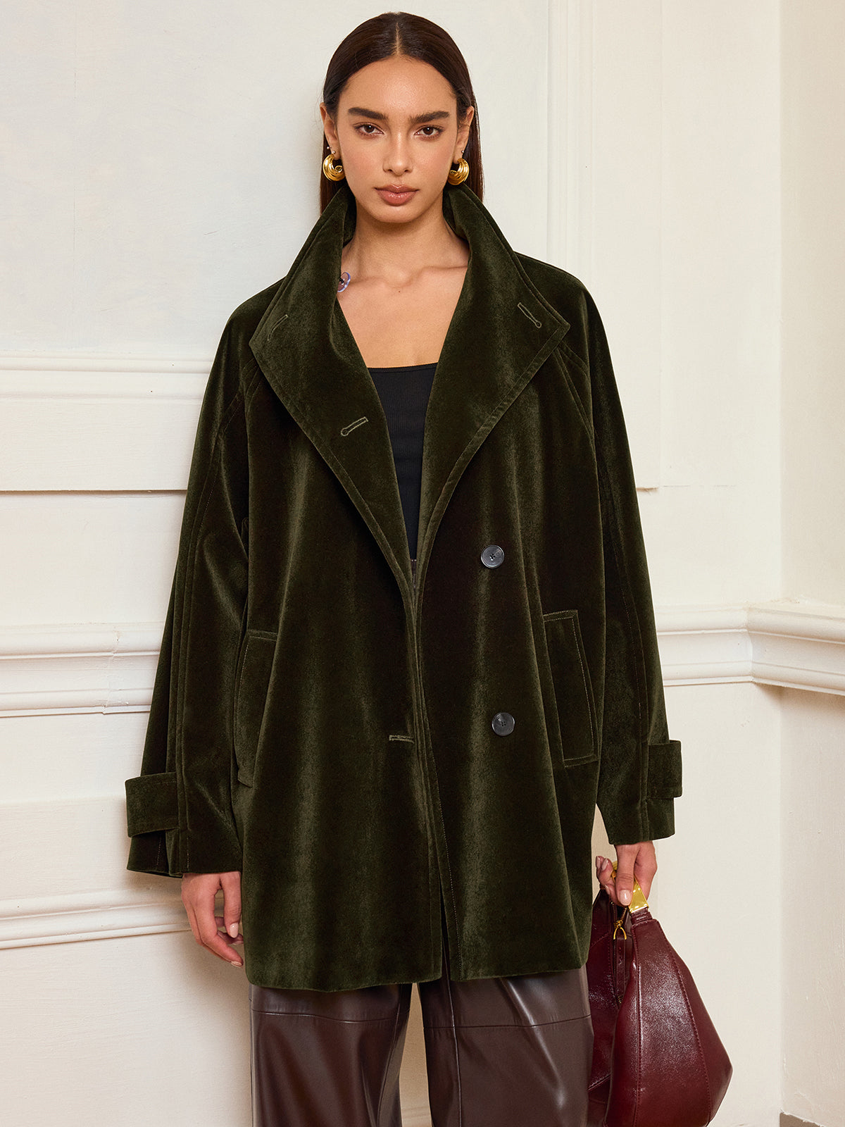 Luxury Ladies Long Velour Coat with Pockets