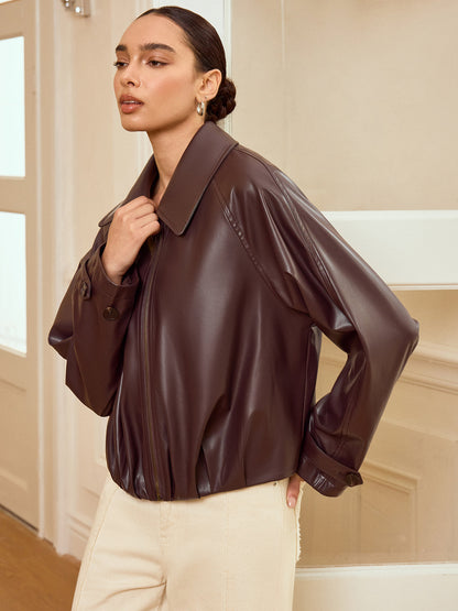 Ladies Vintage Zipper Faux Leather Biker Jacket