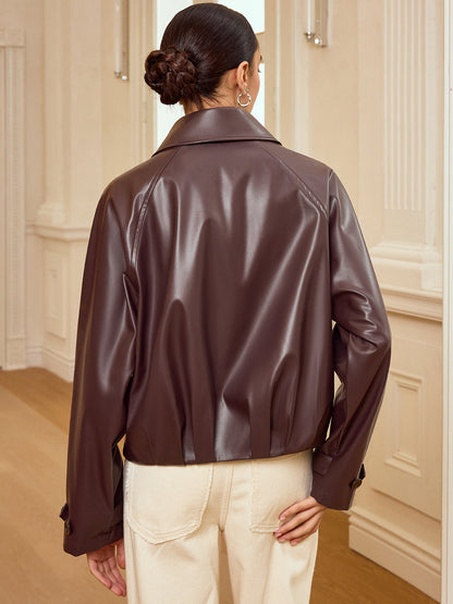 Ladies Vintage Zipper Faux Leather Biker Jacket
