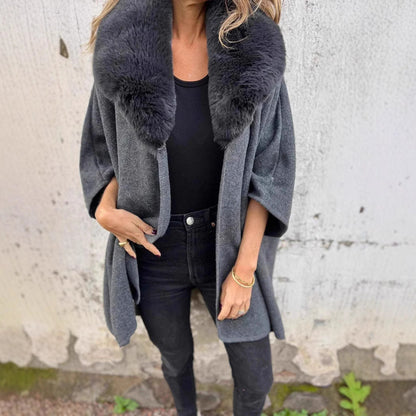 Warm Women's Knit Coat with Faux Fur Trim