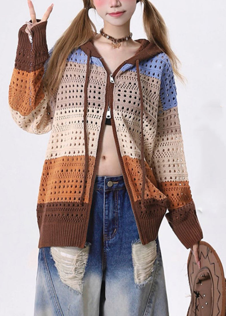 Women's Openwork Knit Cardigan Lightweight Coffee - OutfitLondon