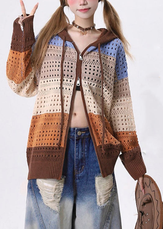 Women's Openwork Knit Cardigan Lightweight Coffee - OutfitLondon