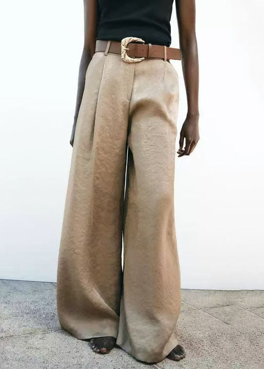 Women's Wide Leg Pants Silk Blend Lightweight Beige - OutfitLondon