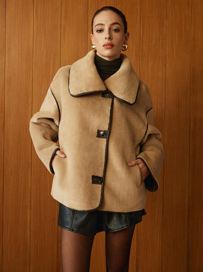 Plush Women's Fleece Lined Winter Coat with Color Block Trim