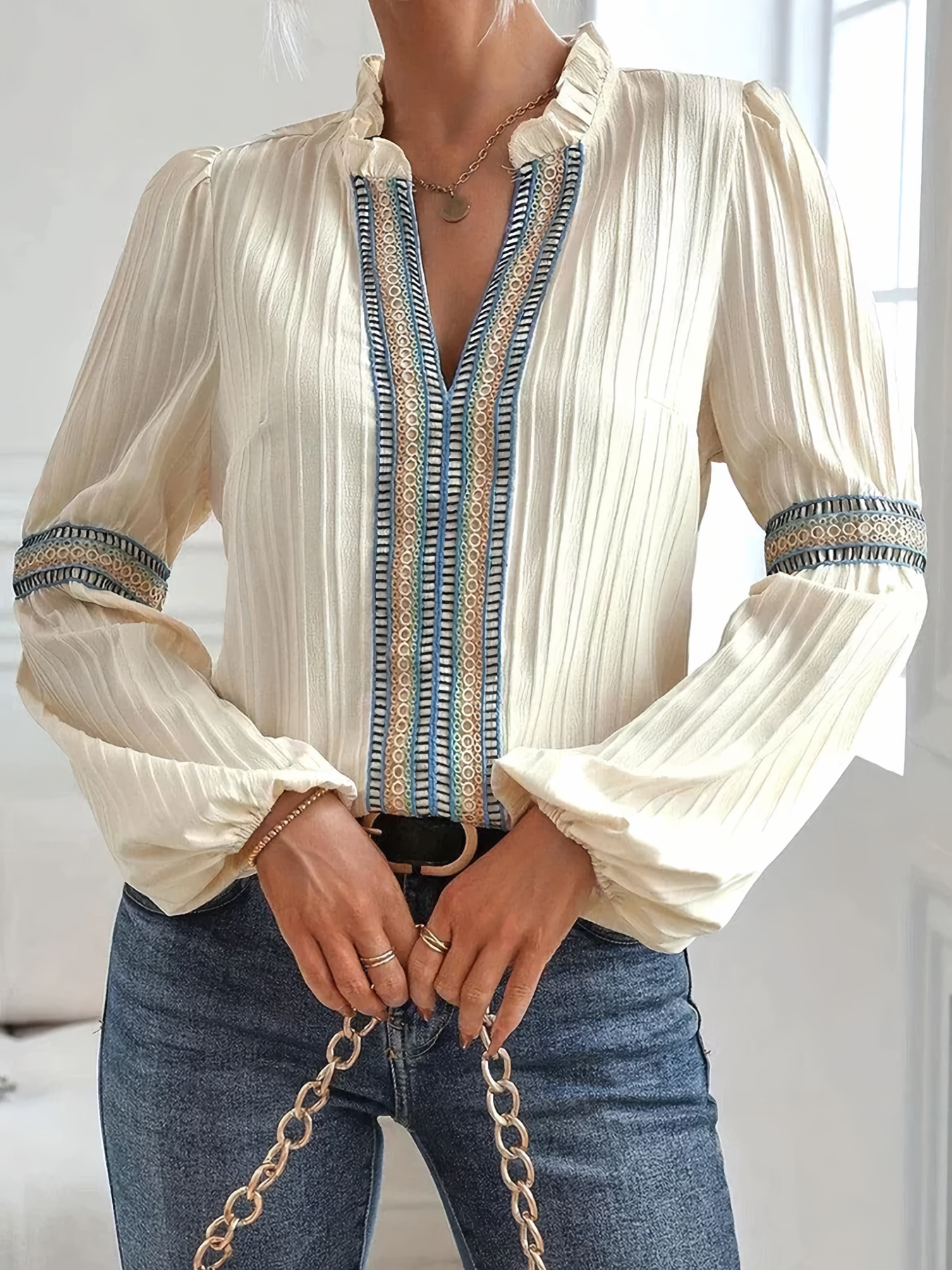 Elegant V Neck Ruffle Long Sleeve Blouse